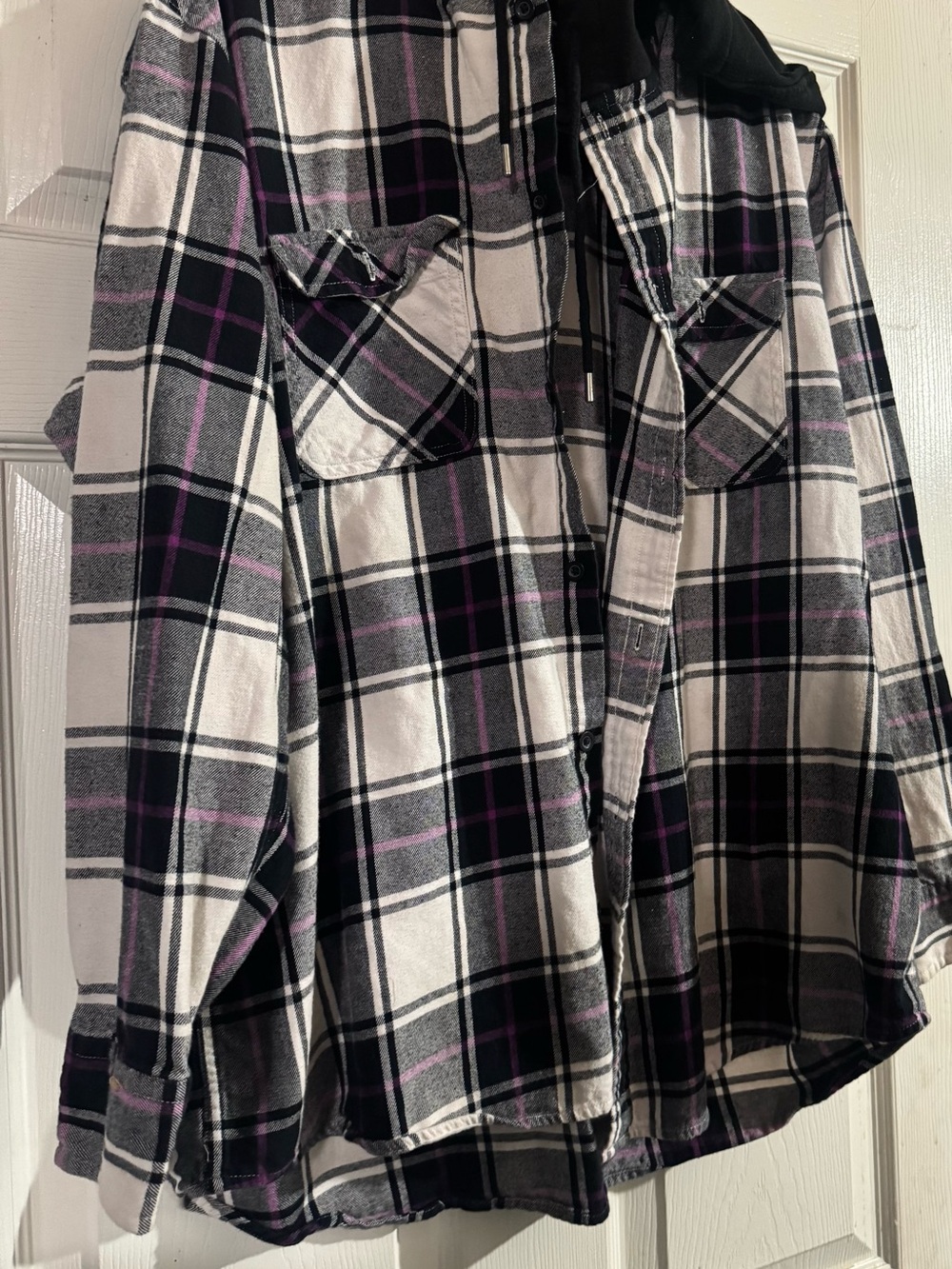 No Boundaries Black, White & Purple Plaid Hooded Button-Up